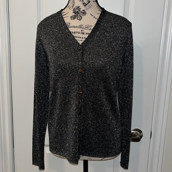 august silk Sweaters - August Silk Size M Silver Metallic Black Buttoned Knit Cardigan